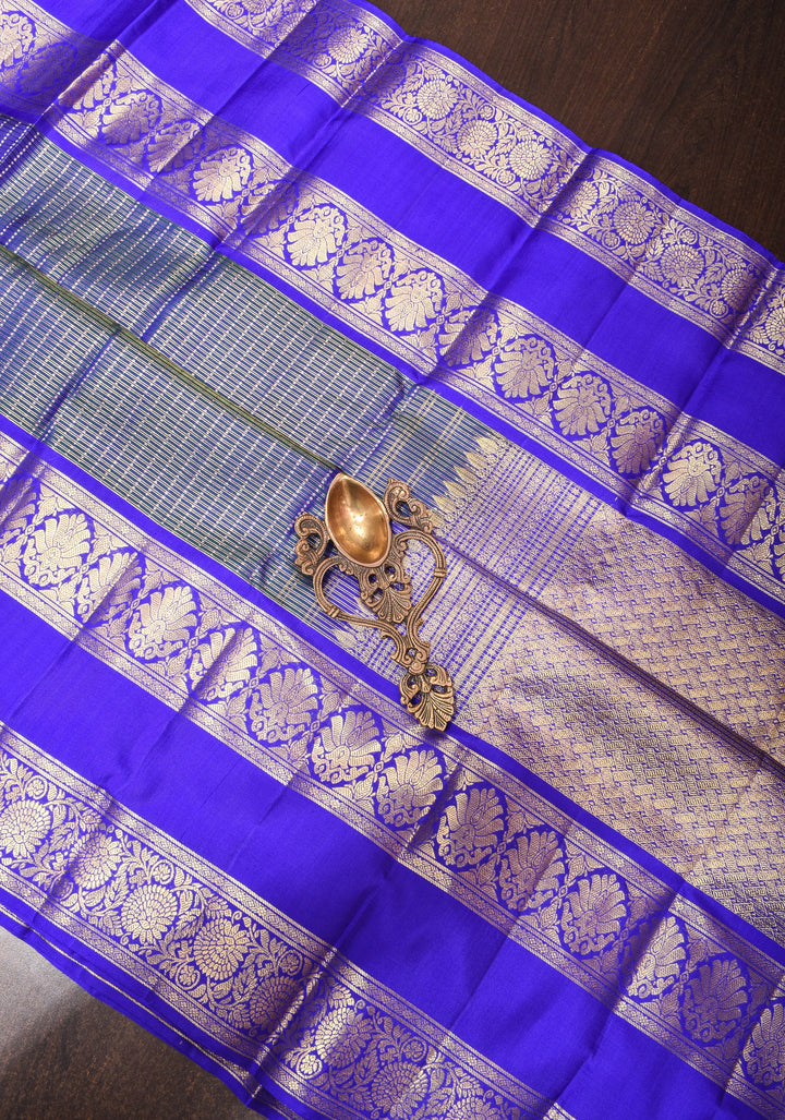 Exquisite Peacock Blue Dual Tone Zari Checks Kanjivaram Pure Silk saree with 2 Side Wide Border | SILK MARK CERTIFIED
