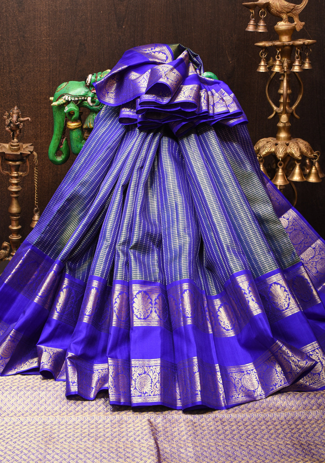 Exquisite Peacock Blue Dual Tone Zari Checks Kanjivaram Pure Silk saree with 2 Side Wide Border | SILK MARK CERTIFIED