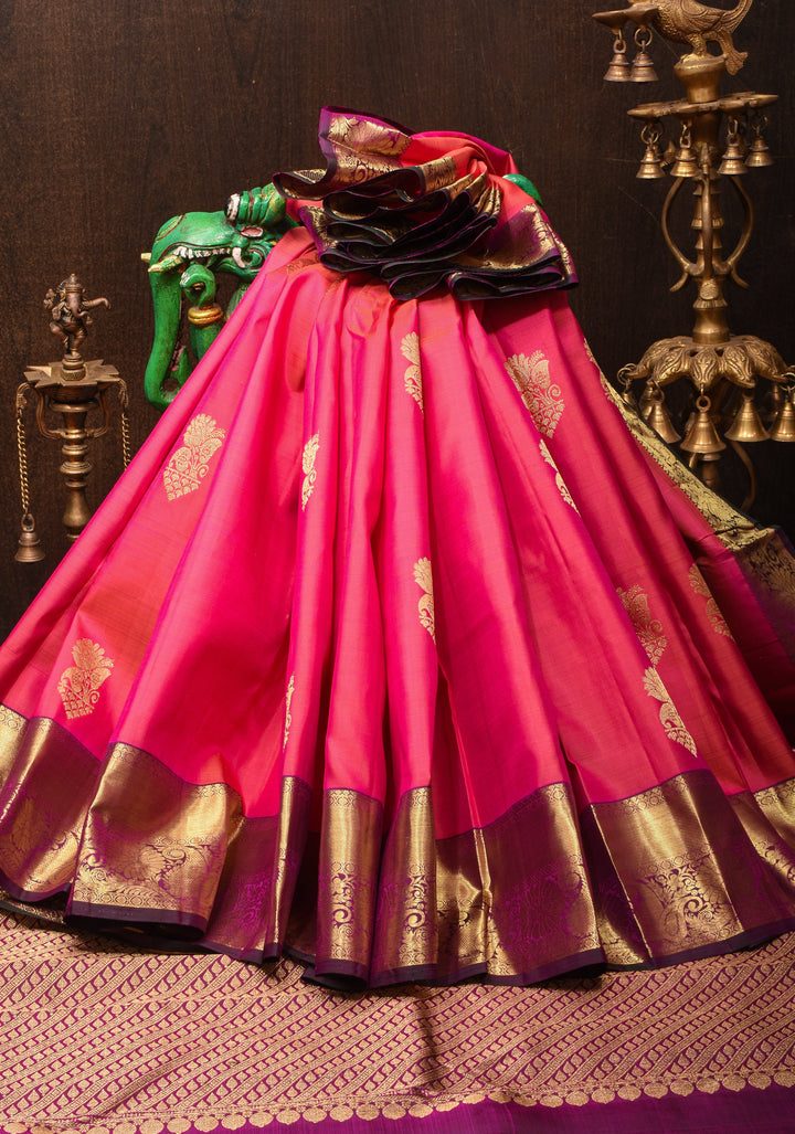 Exquisite Pink Kanjivaram Silk Saree with Gold Butti Work and Contrast Border| SILK MARK CERTIFIED