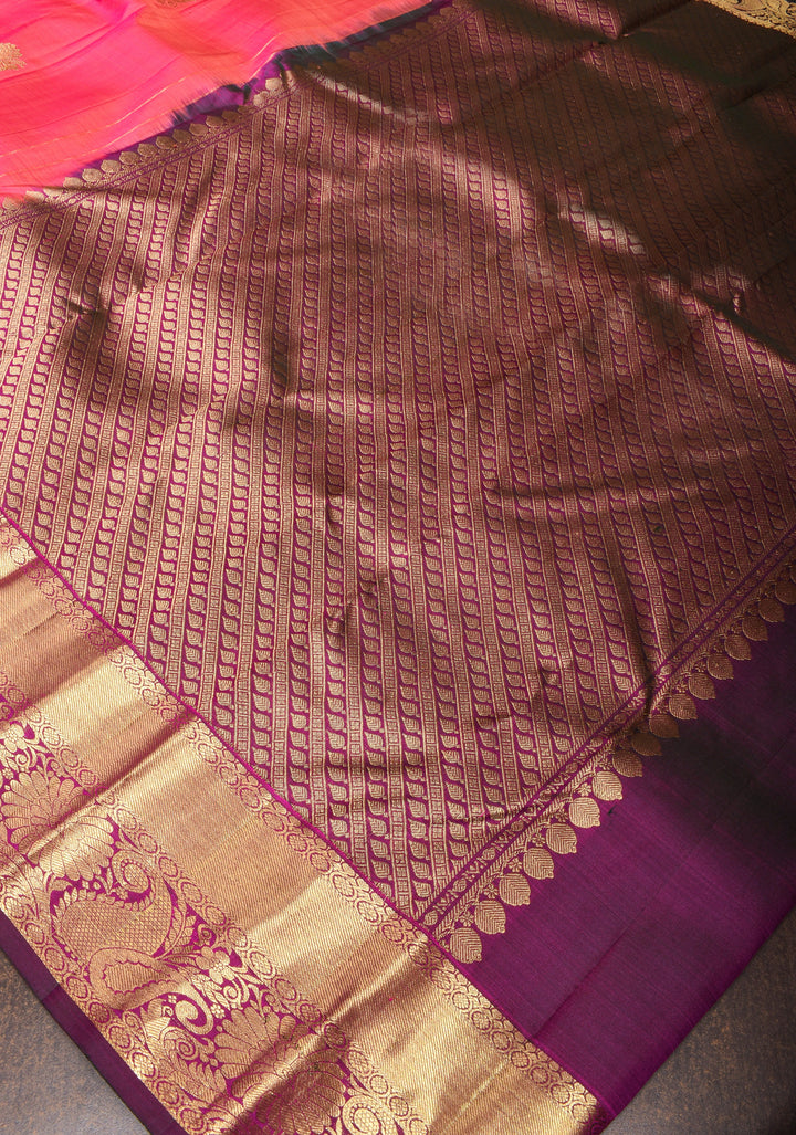 Exquisite Pink Kanjivaram Silk Saree with Gold Butti Work and Contrast Border| SILK MARK CERTIFIED