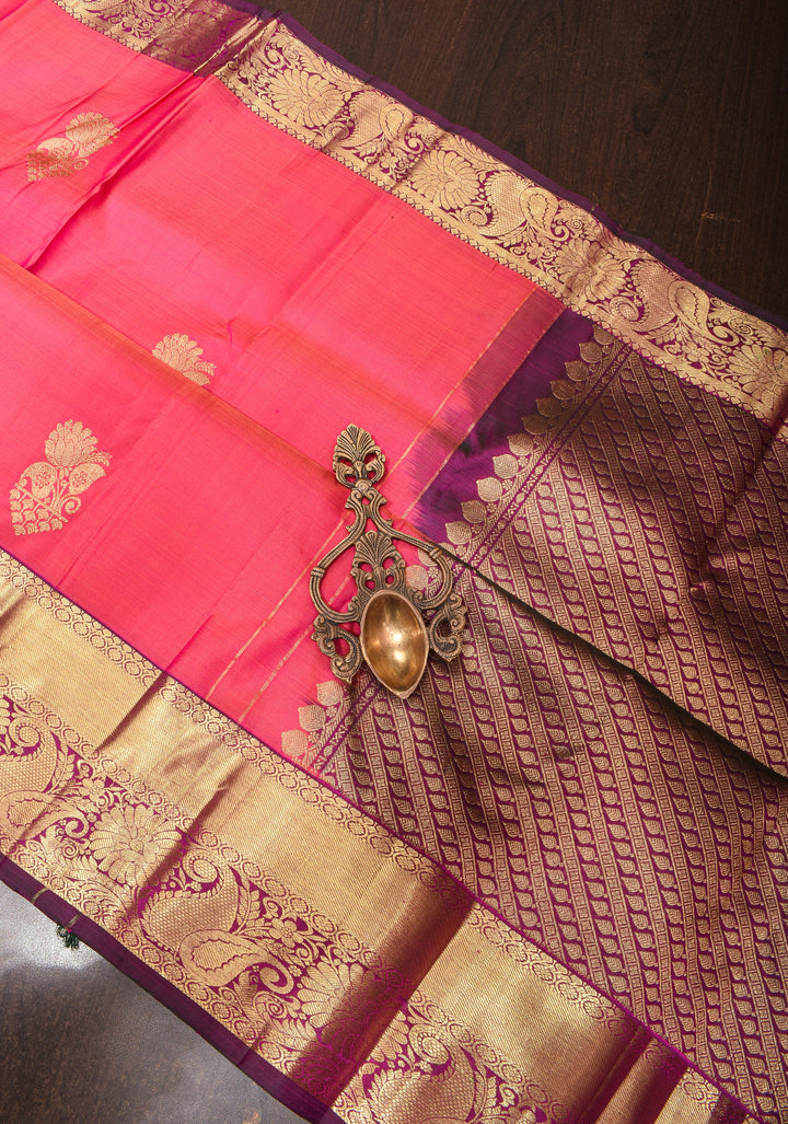 Exquisite Pink Kanjivaram Silk Saree with Gold Butti Work and Contrast Border| SILK MARK CERTIFIED