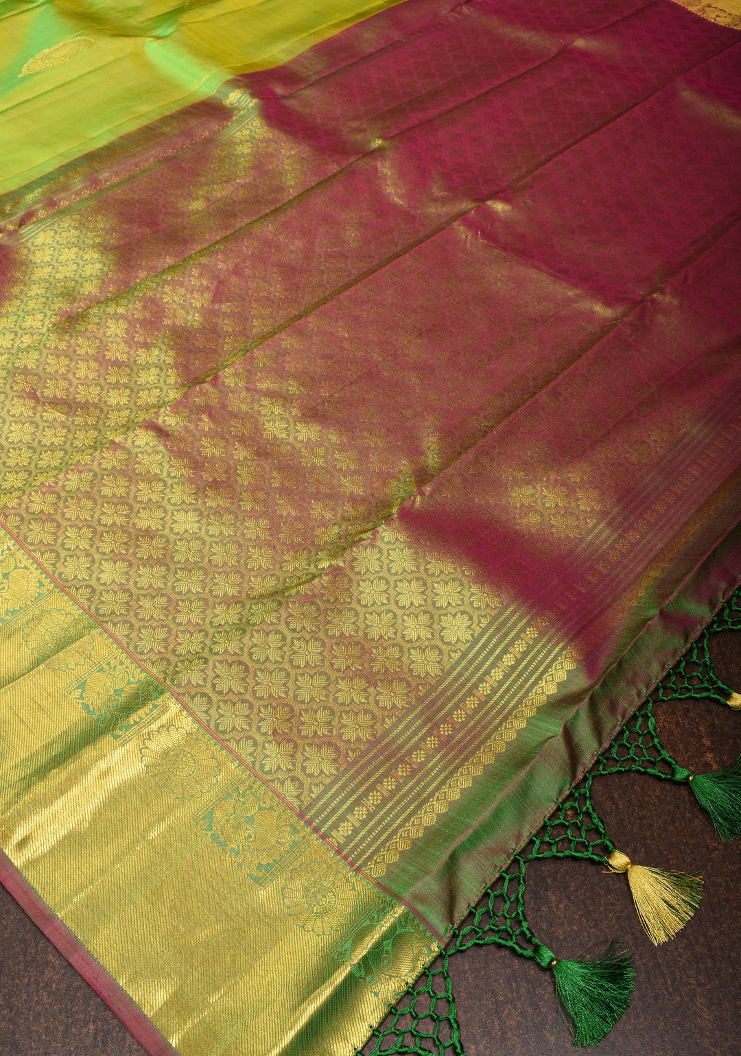 Lime Green Kanjivaram Silk Saree with Paisley Motifs and Zari Border | SILK MARK CERTIFIED