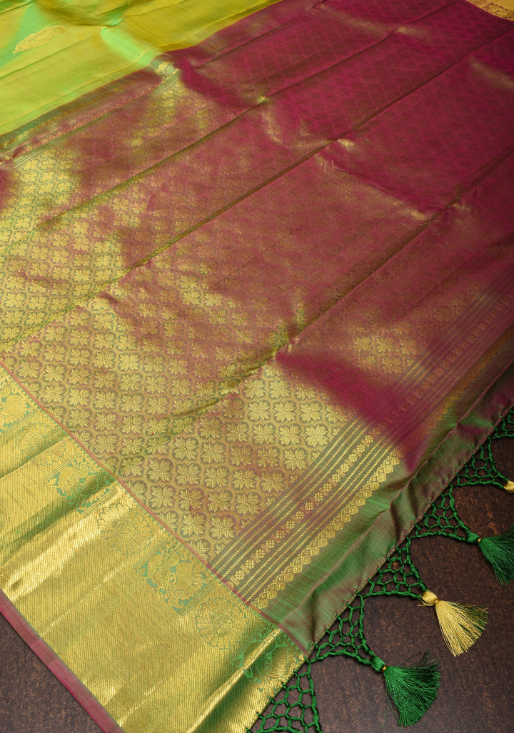 Lime Green Kanjivaram Silk Saree with Paisley Motifs and Zari Border | SILK MARK CERTIFIED