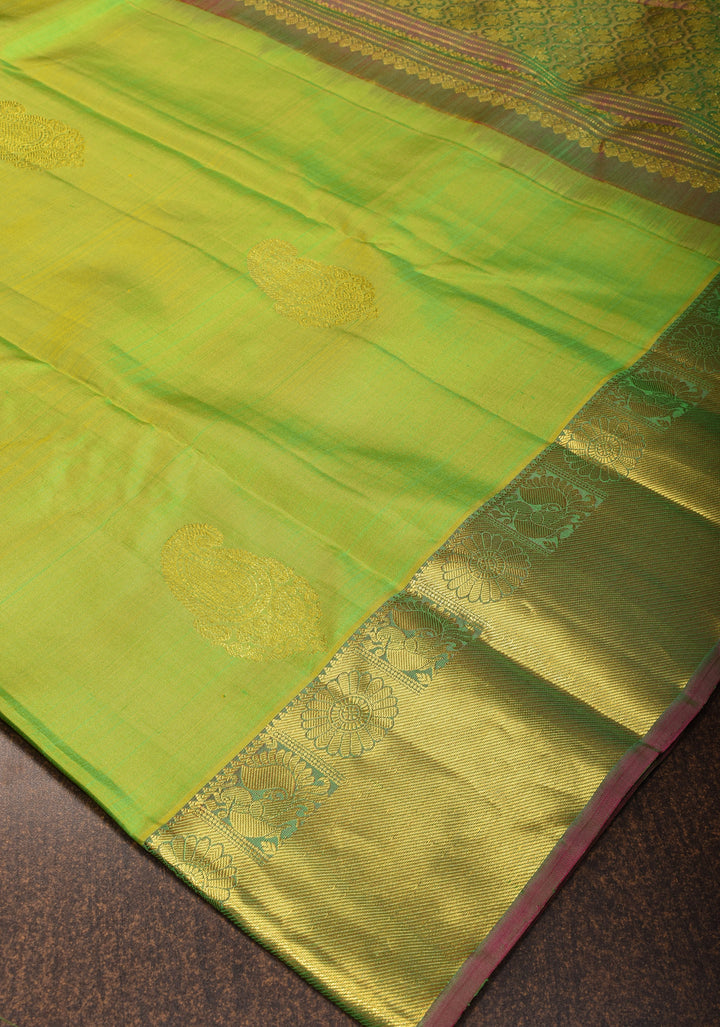 Lime Green Kanjivaram Silk Saree with Paisley Motifs and Zari Border | SILK MARK CERTIFIED