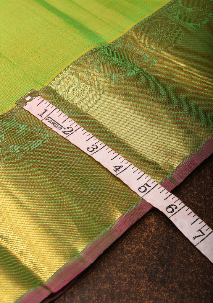 Lime Green Kanjivaram Silk Saree with Paisley Motifs and Zari Border | SILK MARK CERTIFIED