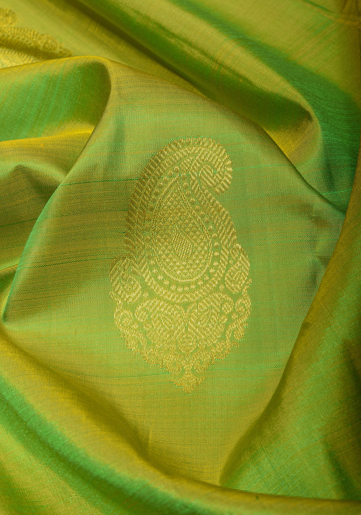 Lime Green Kanjivaram Silk Saree with Paisley Motifs and Zari Border | SILK MARK CERTIFIED