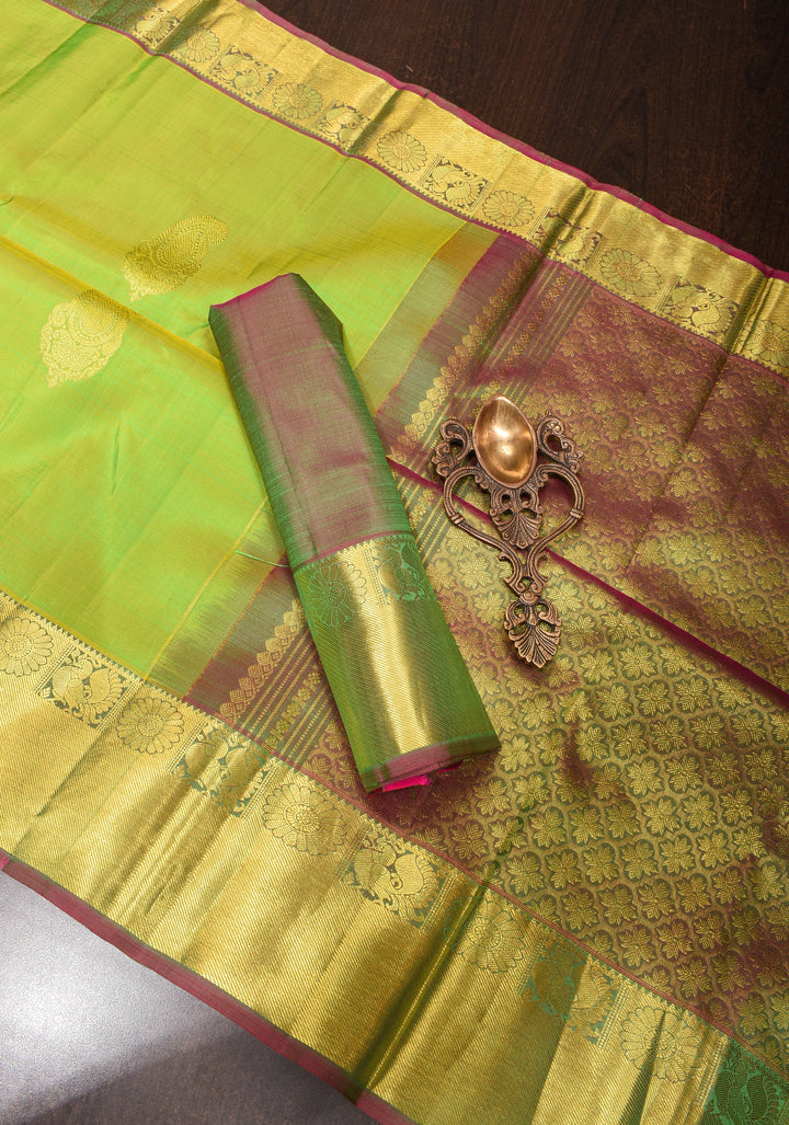 Lime Green Kanjivaram Silk Saree with Paisley Motifs and Zari Border | SILK MARK CERTIFIED