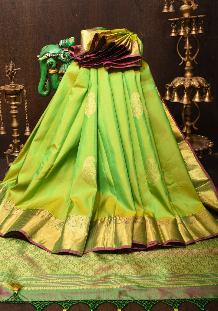 Lime Green Kanjivaram Silk Saree with Paisley Motifs and Zari Border | SILK MARK CERTIFIED