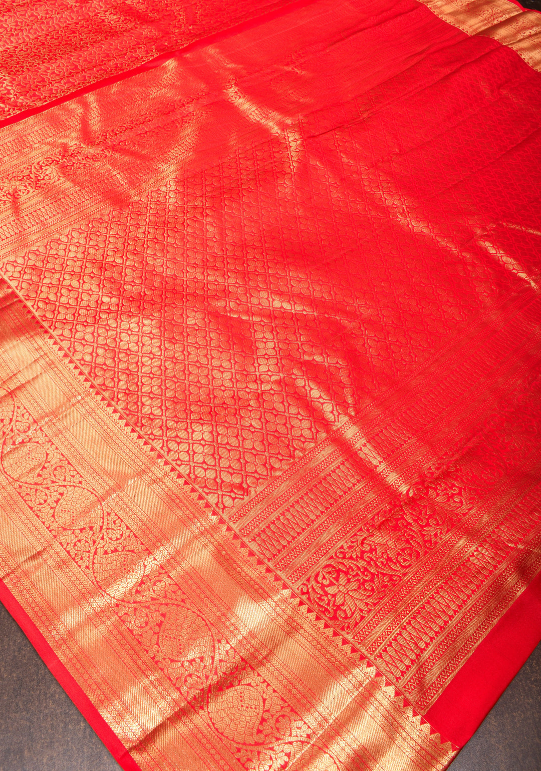 Tomato Red Brocade Kanjivaram Silk Saree with Floral Brocade and Zari Border | SILK MARK CERTIFIED