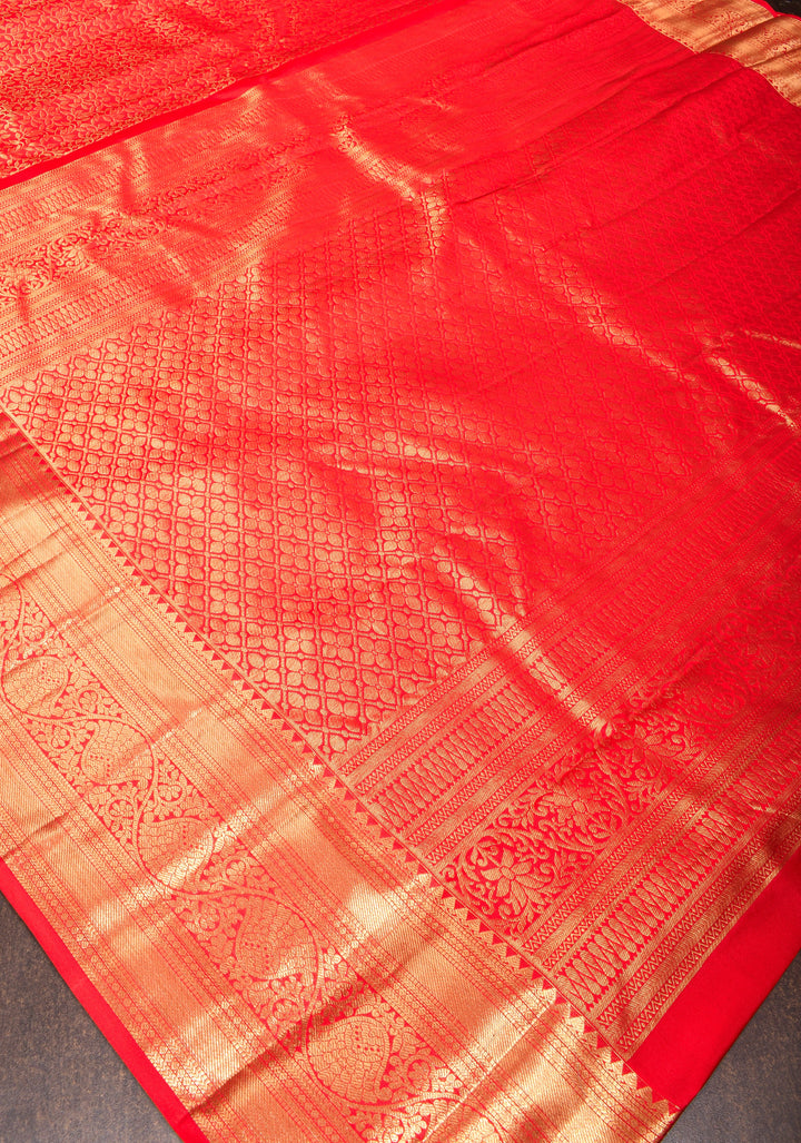Tomato Red Brocade Kanjivaram Silk Saree with Floral Brocade and Zari Border | SILK MARK CERTIFIED