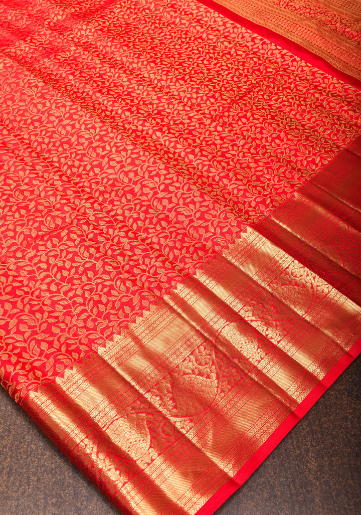 Tomato Red Brocade Kanjivaram Silk Saree with Floral Brocade and Zari Border | SILK MARK CERTIFIED