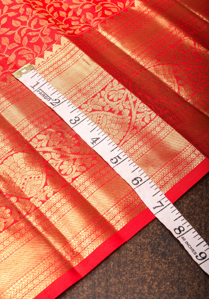 Tomato Red Brocade Kanjivaram Silk Saree with Floral Brocade and Zari Border | SILK MARK CERTIFIED