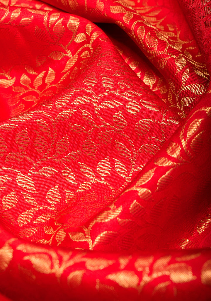 Tomato Red Brocade Kanjivaram Silk Saree with Floral Brocade and Zari Border | SILK MARK CERTIFIED