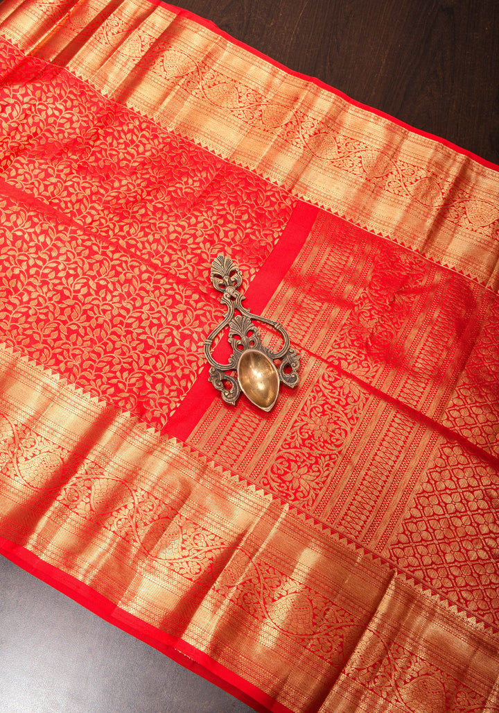 Tomato Red Brocade Kanjivaram Silk Saree with Floral Brocade and Zari Border | SILK MARK CERTIFIED