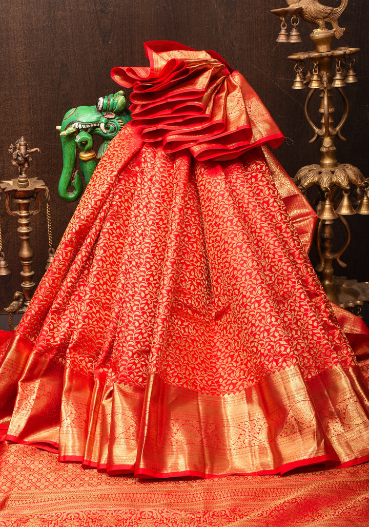 Tomato Red Brocade Kanjivaram Silk Saree with Floral Brocade and Zari Border | SILK MARK CERTIFIED