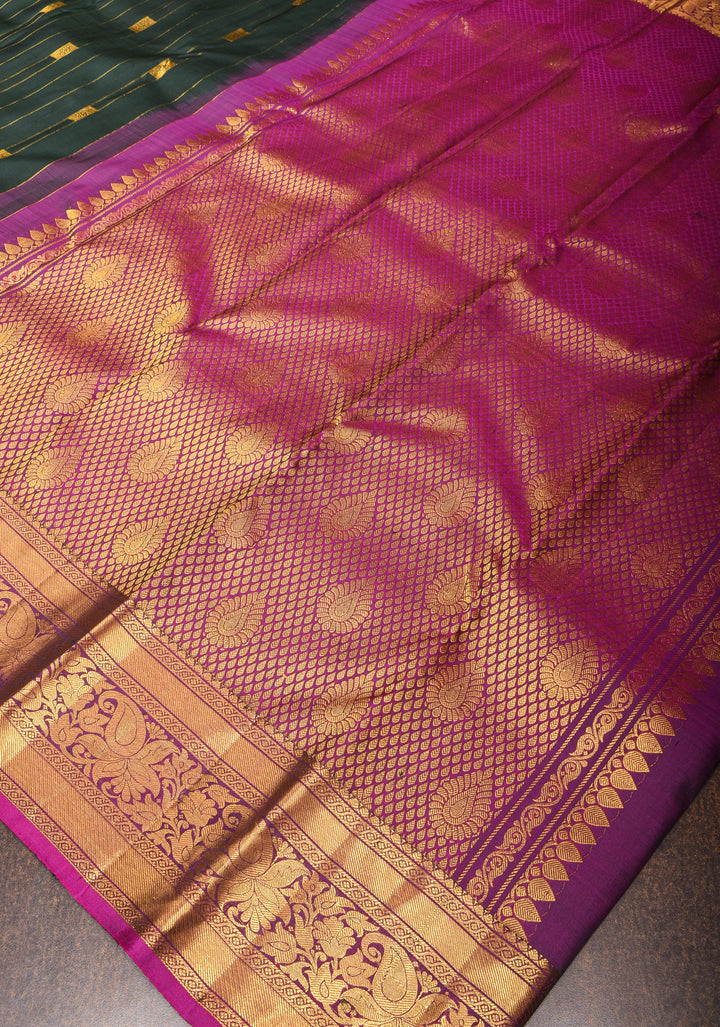 Bottle Green Pure Kanjivaram Silk Saree with Zari Stripes and Zari Buttas | SILK MARK CERTIFIED