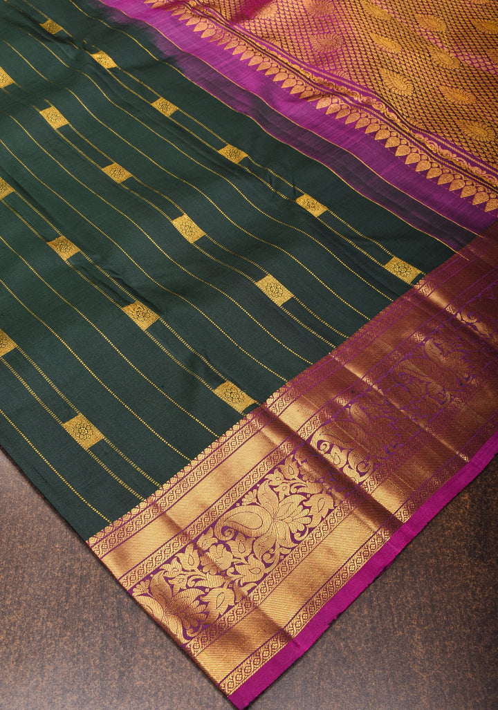 Bottle Green Pure Kanjivaram Silk Saree with Zari Stripes and Zari Buttas | SILK MARK CERTIFIED