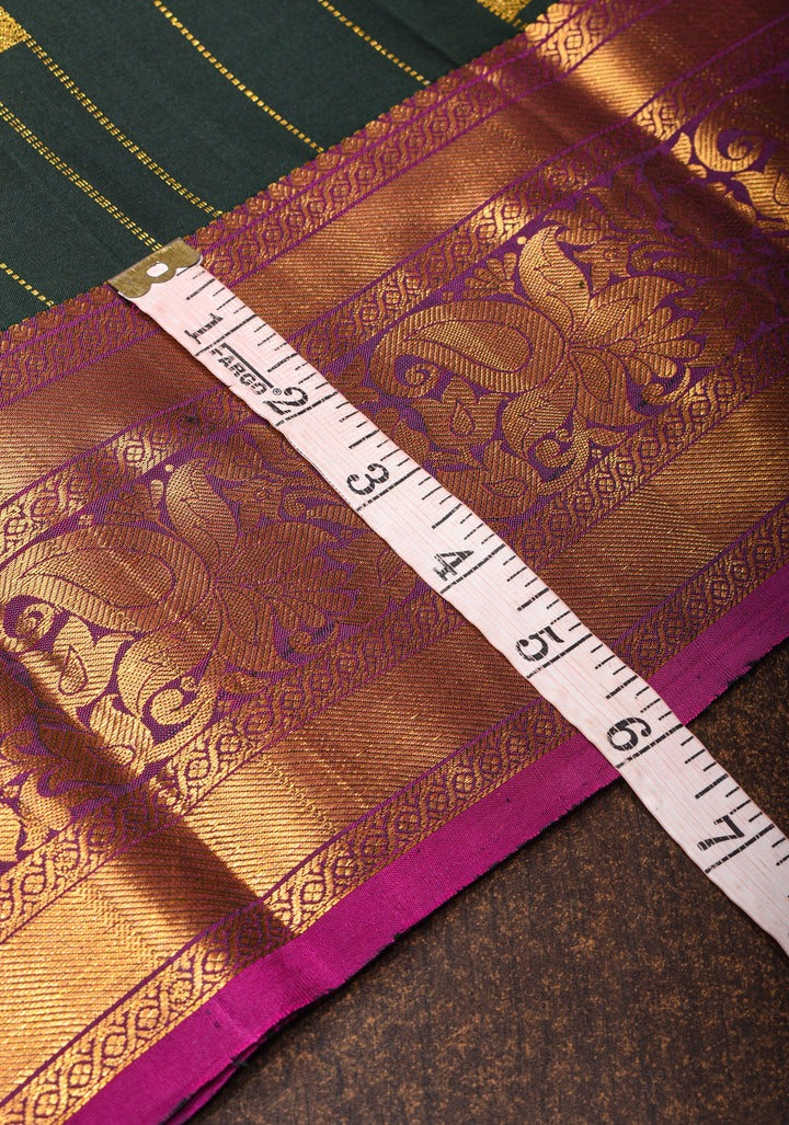Bottle Green Pure Kanjivaram Silk Saree with Zari Stripes and Zari Buttas | SILK MARK CERTIFIED