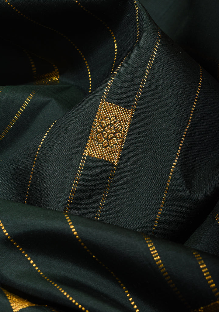 Bottle Green Pure Kanjivaram Silk Saree with Zari Stripes and Zari Buttas | SILK MARK CERTIFIED