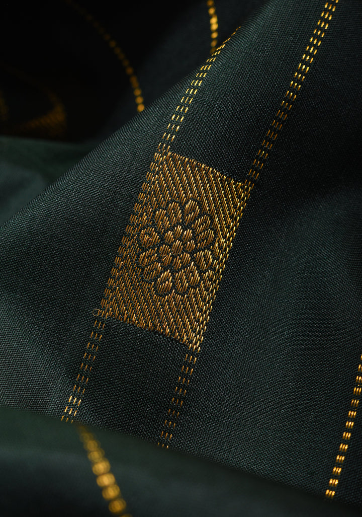 Bottle Green Pure Kanjivaram Silk Saree with Zari Stripes and Zari Buttas | SILK MARK CERTIFIED