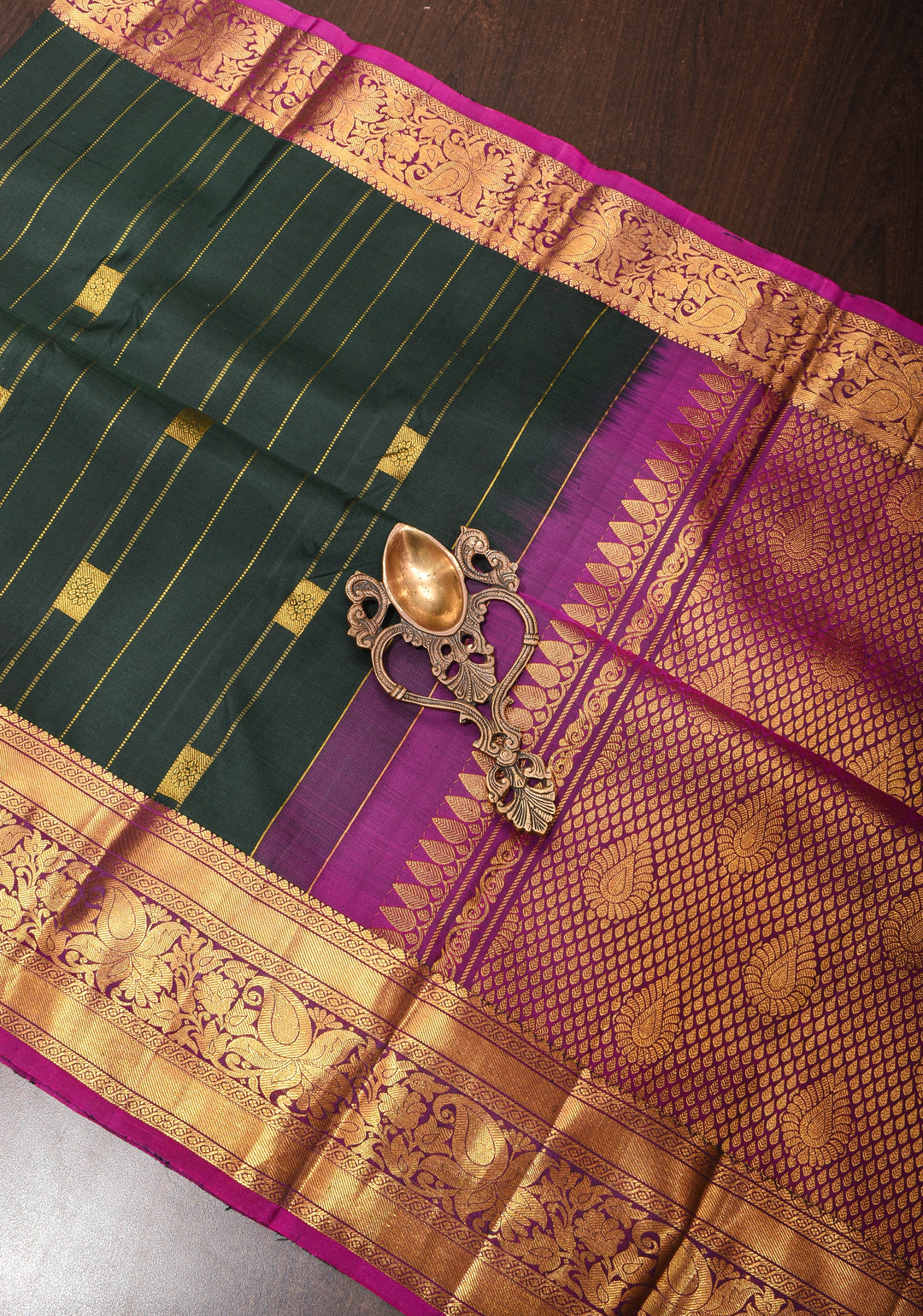 Bottle Green Pure Kanjivaram Silk Saree with Zari Stripes and Zari Buttas | SILK MARK CERTIFIED
