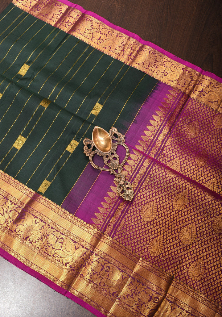 Bottle Green Pure Kanjivaram Silk Saree with Zari Stripes and Zari Buttas | SILK MARK CERTIFIED