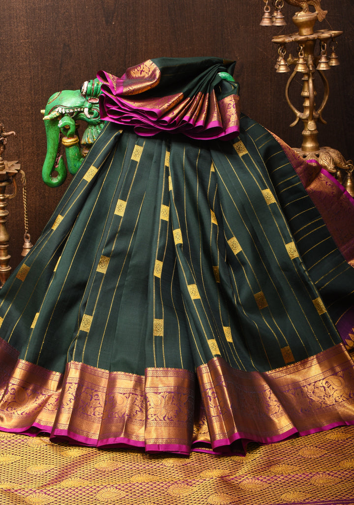 Bottle Green Pure Kanjivaram Silk Saree with Zari Stripes and Zari Buttas | SILK MARK CERTIFIED