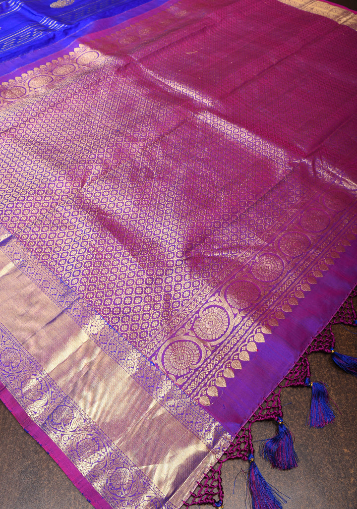 Blue Kanjivaram Pure Silk Saree with vertical Stripes and zari buttas | SILK MARK CERTIFIED