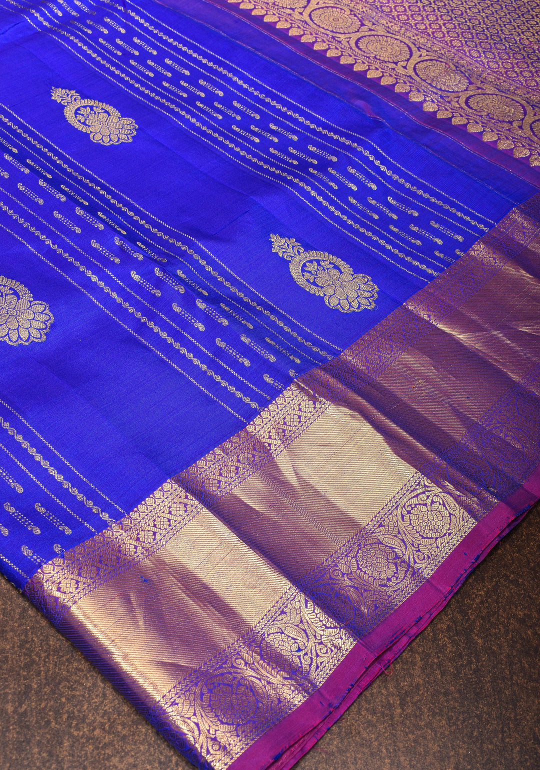 Blue Kanjivaram Pure Silk Saree with vertical Stripes and zari buttas | SILK MARK CERTIFIED