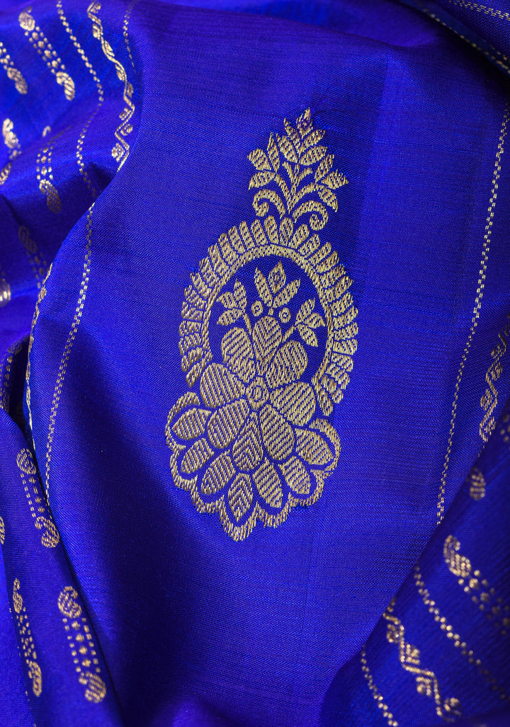 Blue Kanjivaram Pure Silk Saree with vertical Stripes and zari buttas | SILK MARK CERTIFIED