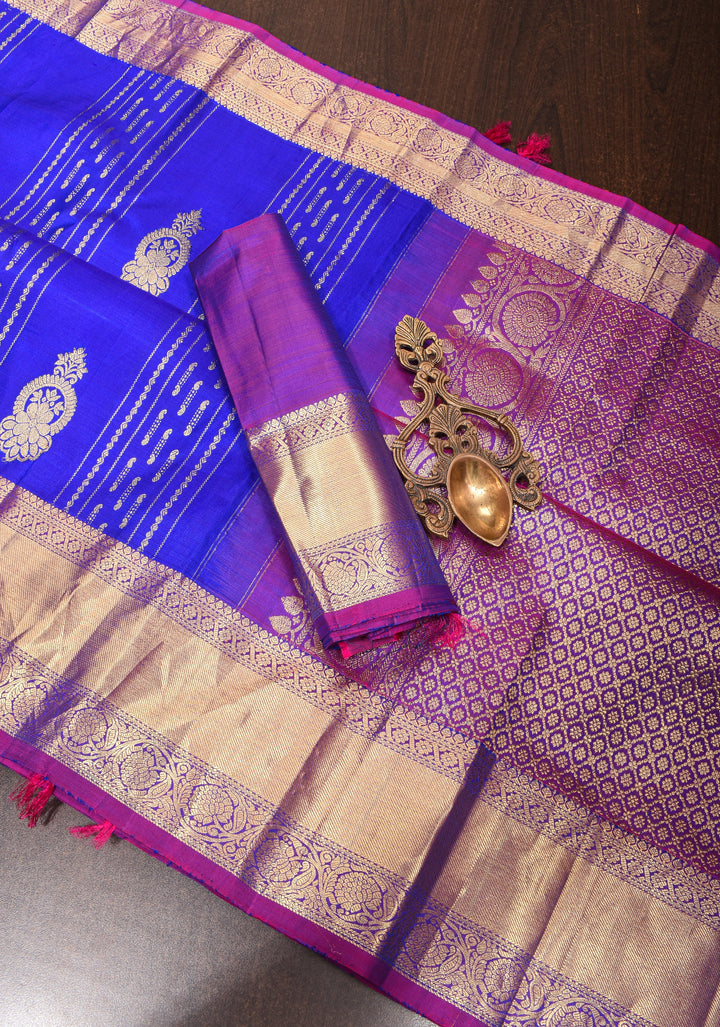 Blue Kanjivaram Pure Silk Saree with vertical Stripes and zari buttas | SILK MARK CERTIFIED