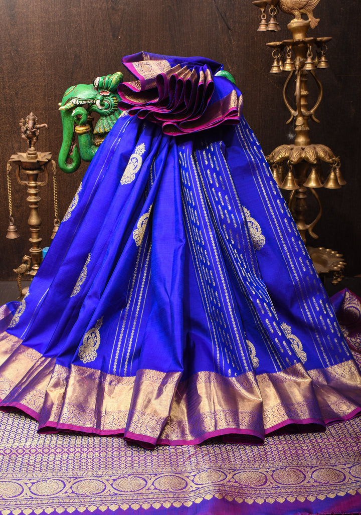 Blue Kanjivaram Pure Silk Saree with vertical Stripes and zari buttas | SILK MARK CERTIFIED