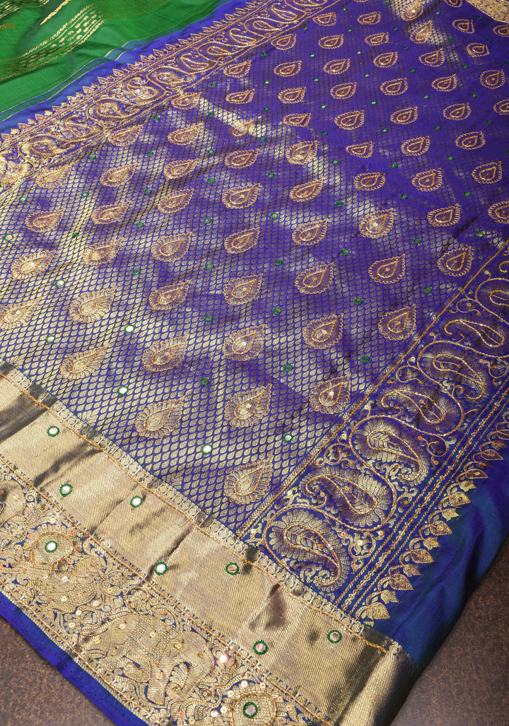 Cutdana handwork on Green Pure Kanjivaram Silk Saree with Zari Stripes and Zari Buttas | SILK MARK CERTIFIED