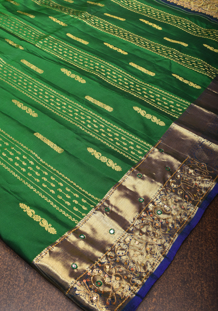 Cutdana handwork on Green Pure Kanjivaram Silk Saree with Zari Stripes and Zari Buttas | SILK MARK CERTIFIED