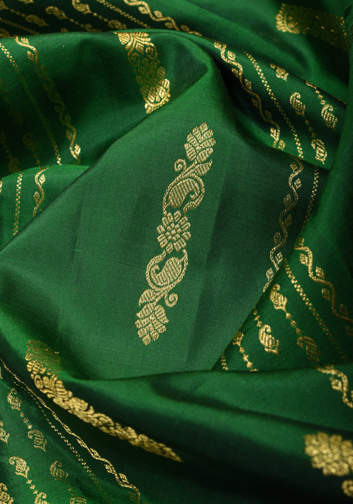 Cutdana handwork on Green Pure Kanjivaram Silk Saree with Zari Stripes and Zari Buttas | SILK MARK CERTIFIED