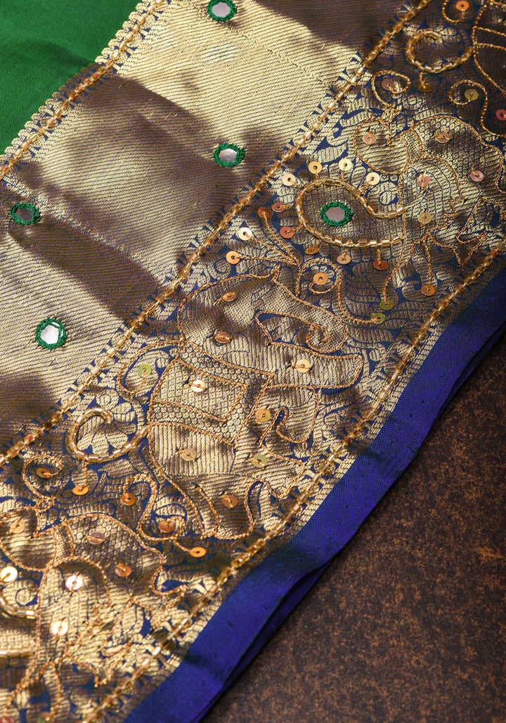 Cutdana handwork on Green Pure Kanjivaram Silk Saree with Zari Stripes and Zari Buttas | SILK MARK CERTIFIED