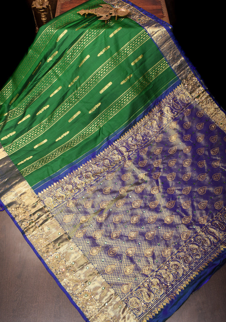 Cutdana handwork on Green Pure Kanjivaram Silk Saree with Zari Stripes and Zari Buttas | SILK MARK CERTIFIED