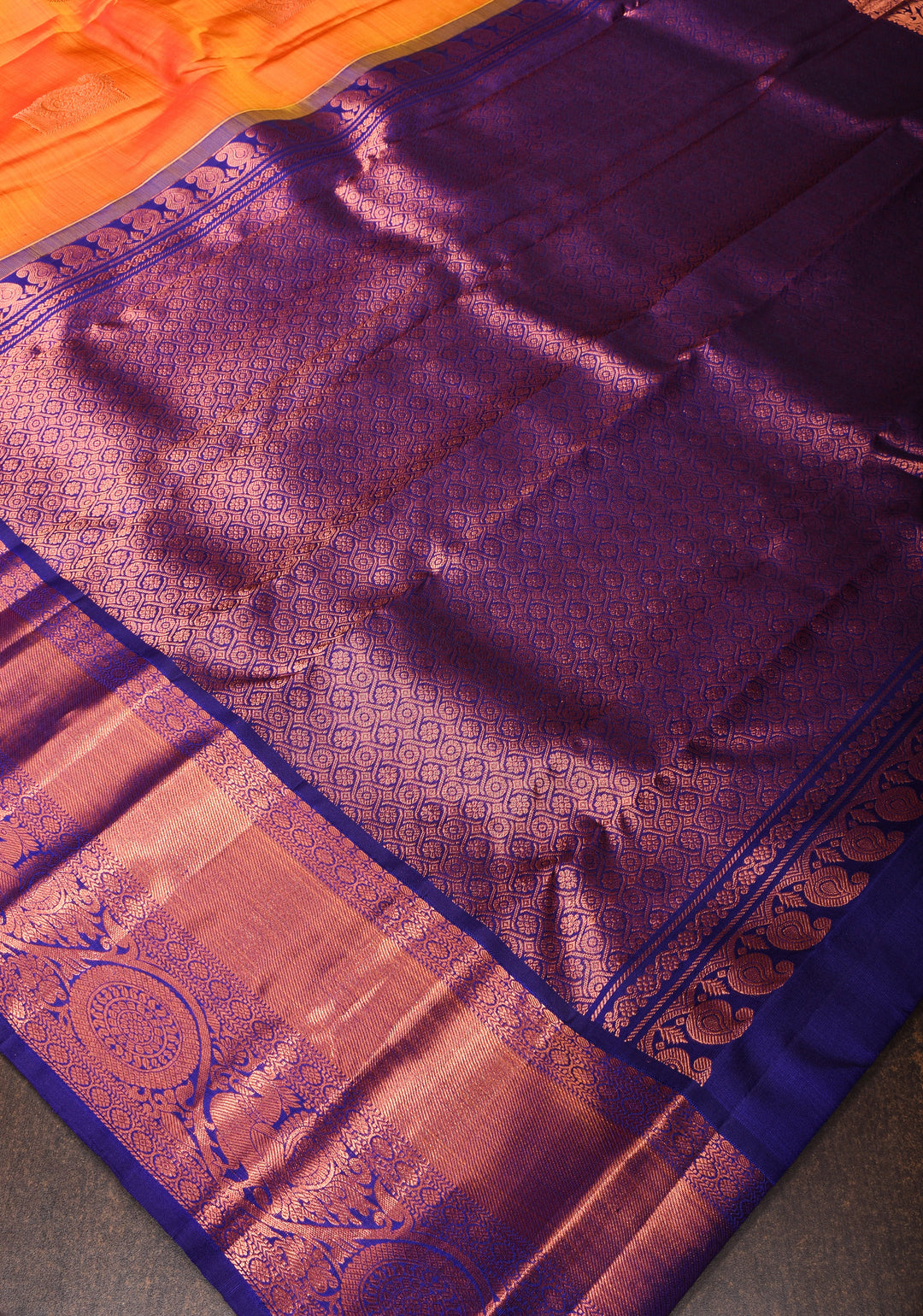 Orange kanjivaram silk saree with damask buttas and contrast border | SILK MARK CERTIFIED
