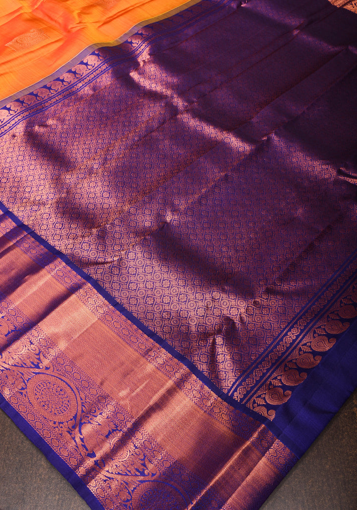 Orange kanjivaram silk saree with damask buttas and contrast border | SILK MARK CERTIFIED