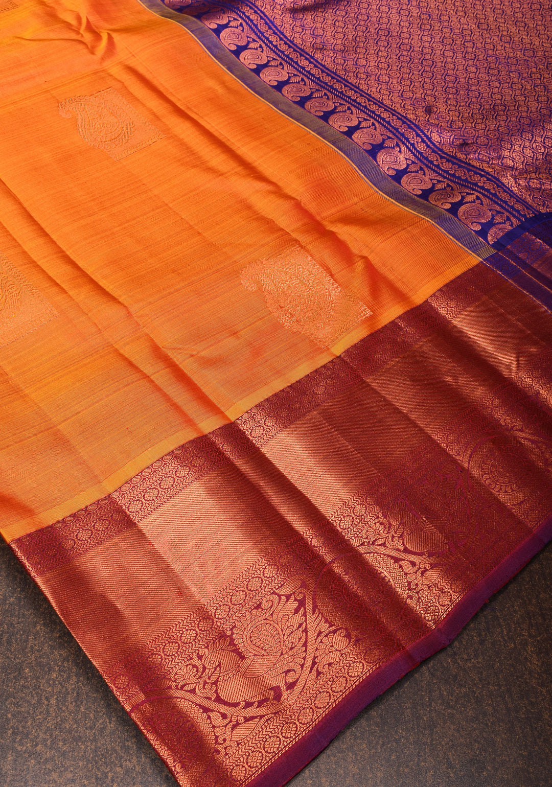 Orange kanjivaram silk saree with damask buttas and contrast border | SILK MARK CERTIFIED