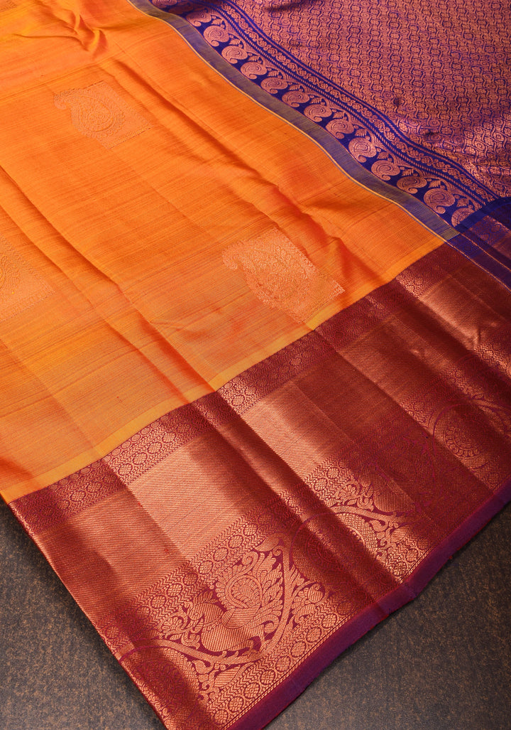Orange kanjivaram silk saree with damask buttas and contrast border | SILK MARK CERTIFIED
