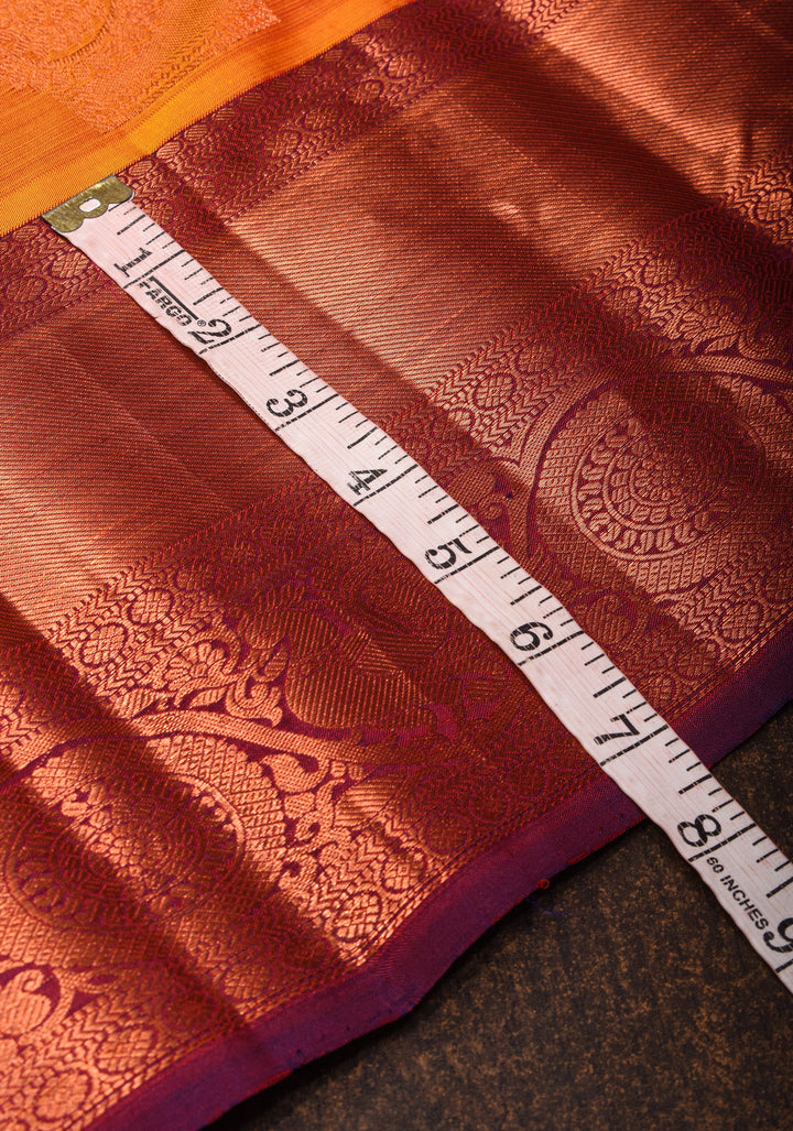 Orange kanjivaram silk saree with damask buttas and contrast border | SILK MARK CERTIFIED