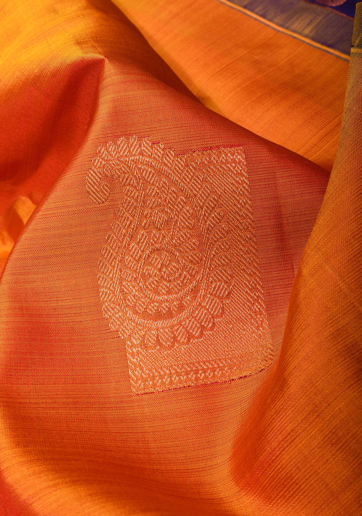 Orange kanjivaram silk saree with damask buttas and contrast border | SILK MARK CERTIFIED