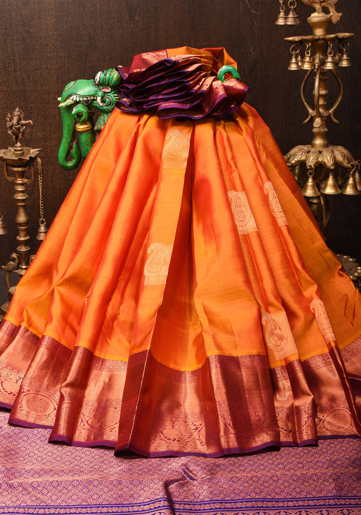 Orange kanjivaram silk saree with damask buttas and contrast border | SILK MARK CERTIFIED
