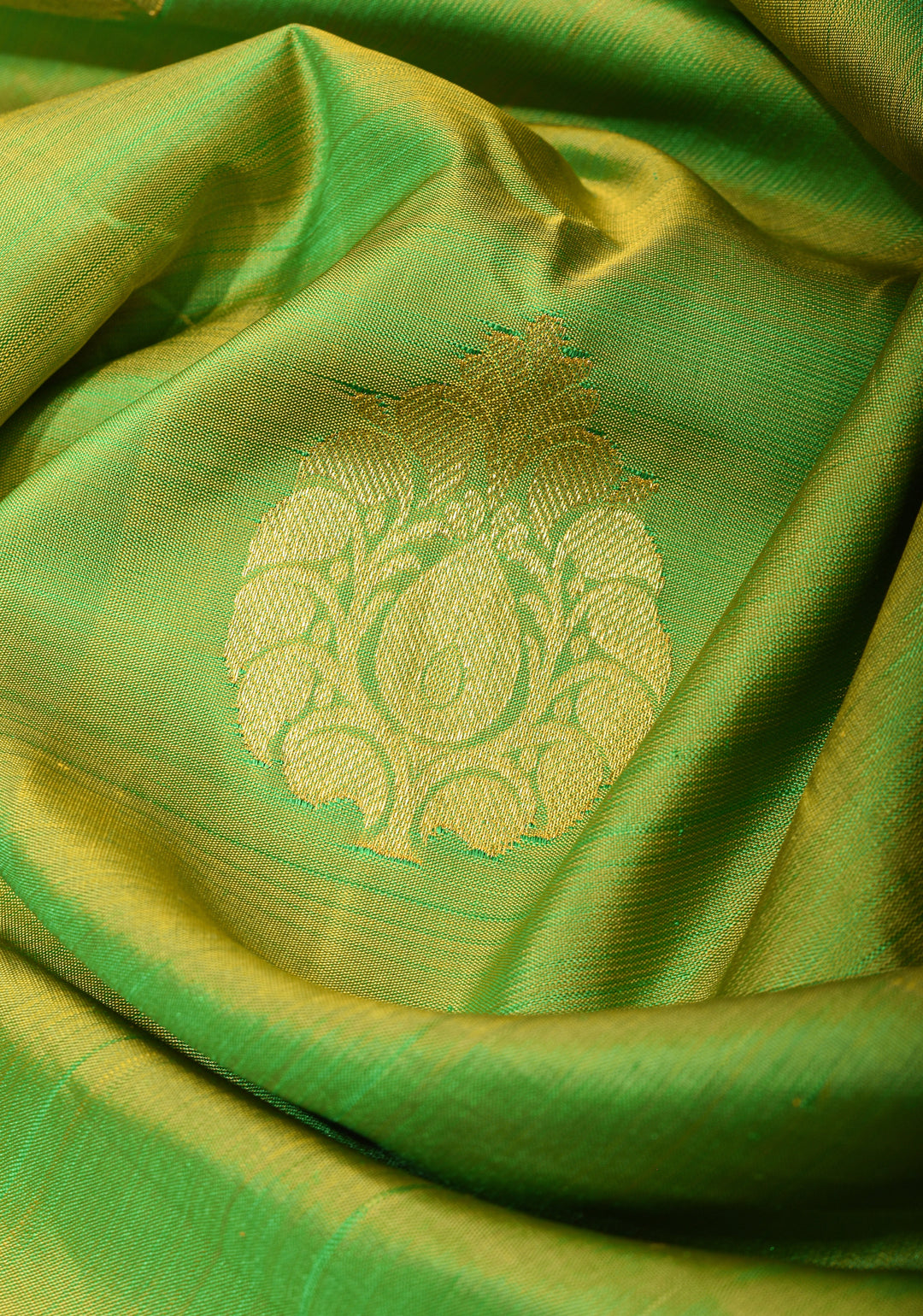 Green Dual Tone pure Kanjivaram Silk Saree with Damask Motifs and Zari Border | SILK MARK CERTIFIED