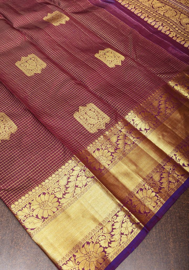 Brown Kanjivaram Silk Saree with Podi kattam checks, damask buttas and Zari Border| SILK MARK CERTIFIED