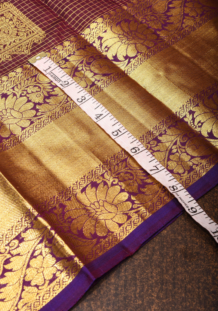 Brown Kanjivaram Silk Saree with Podi kattam checks, damask buttas and Zari Border| SILK MARK CERTIFIED