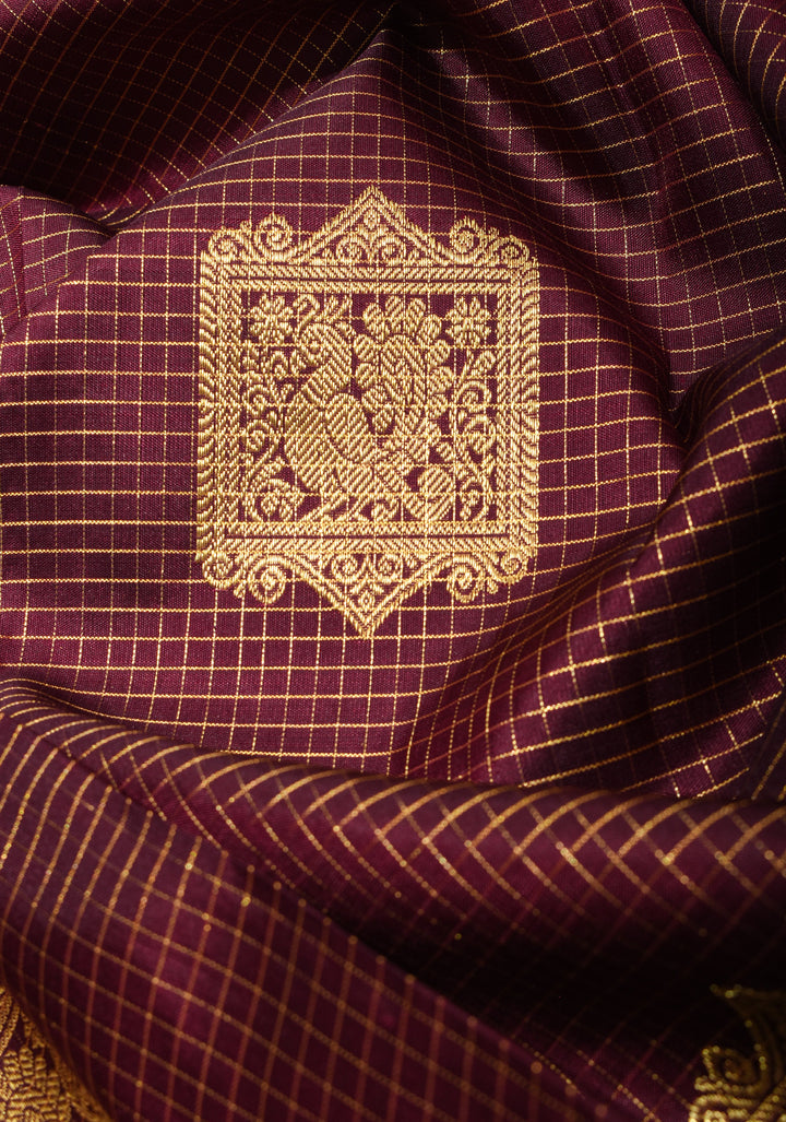 Brown Kanjivaram Silk Saree with Podi kattam checks, damask buttas and Zari Border| SILK MARK CERTIFIED