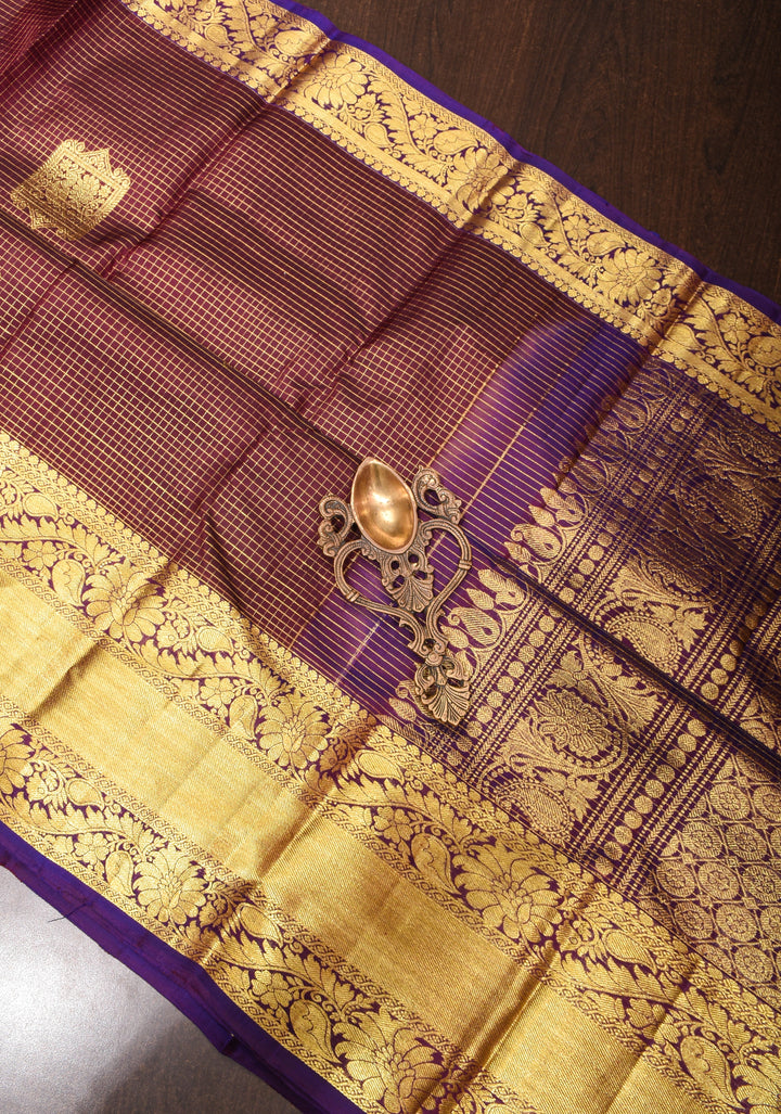 Brown Kanjivaram Silk Saree with Podi kattam checks, damask buttas and Zari Border| SILK MARK CERTIFIED
