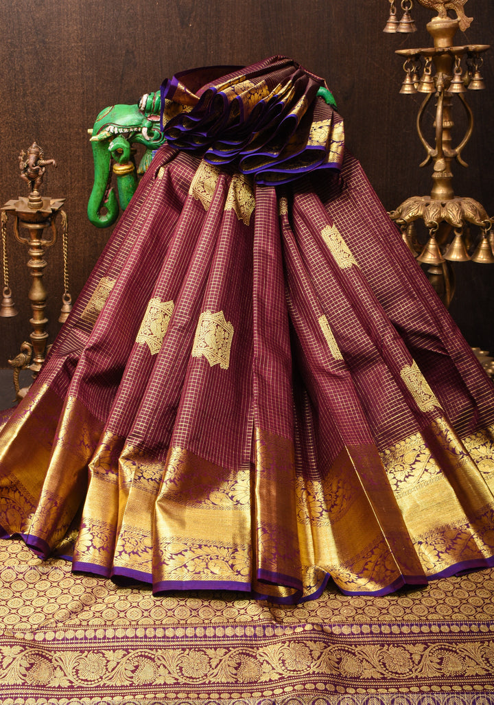 Brown Kanjivaram Silk Saree with Podi kattam checks, damask buttas and Zari Border| SILK MARK CERTIFIED